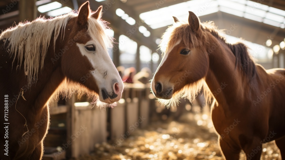 Poster A whimsical scene of horses playfully interacting with each other across their stable partitions.
