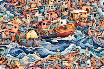 Colorful boats in the ocean (Japan Style)