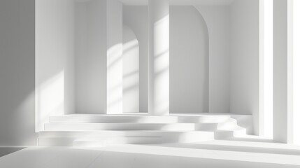 Minimalist Architectural Design Showcasing Pure White Structures with Graceful Shadows in a Serene Setting