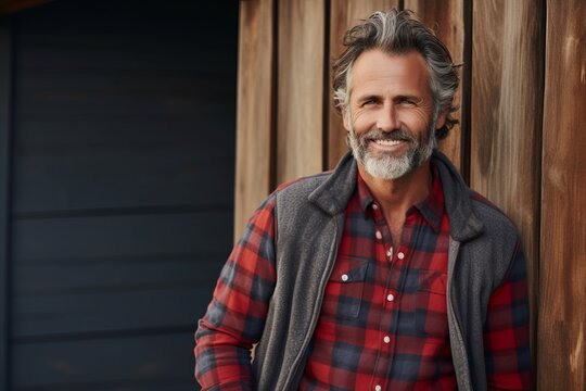 Portrait of handsome mature man in checkered shirt leaning against wooden wall outdoors