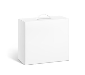 Cardboard bag box with plastic handle mockup. Half side view.  Vector illustration isolated on white background. Ready and simple to use for your design. EPS10.