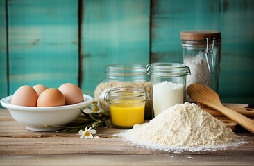 Fototapeta na wymiar Baking ingredients and kitchen utensils on rustic style background..