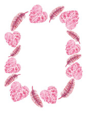 A frame of feathers and hearts made of feathers. Pink and various shades of purple. Delicate fine lines. Decor. White background and place for text.