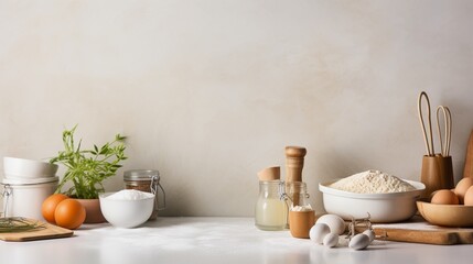 Baking ingredients and utensils on white table against light wall.