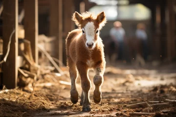 Fotobehang An illustration of a foal taking its first steps in the safety of a stable. © Oleksandr