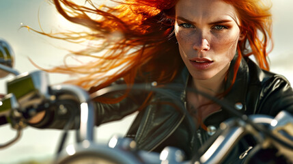 Obraz na płótnie Canvas an aggressive red-haired biker on a motorcycle close-up, portrait of a serious young woman, idea of wanderlust, active lifestyle