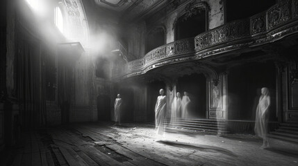 The ghostly apparitions of a once famous opera troupe were often seen rehearsing on the stage, their movements graceful yet chilling. They were forever ped in the haunted Fantasy art