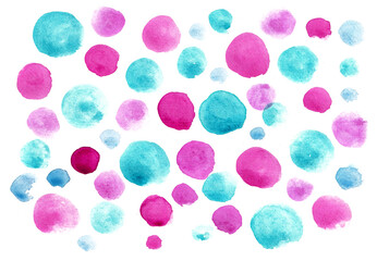 Pink and blue circles of different sizes on a white background. Watercolor. Different shades. Abstract background. Suitable for a baby shower. Girl or boy. Party. Bright colours. Wrapper.