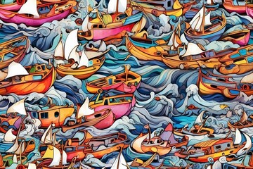 Colorful boats in the ocean (Japan Style)