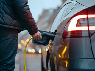 Futuristic electric vehicle (EV) charging stations, power cable and plug supply to modern sports...