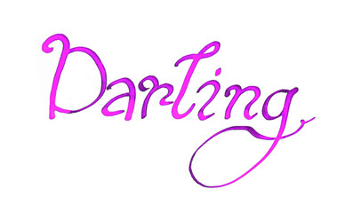 The word Darling in pink and purple on a white background. Calligraphy. The letters have a gradient from pink to purple. Round shape. Italic font. Lettering. A love card. Valentine's Day.