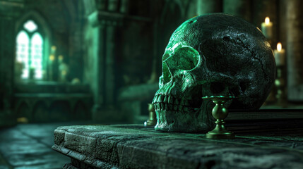 A skull, its hollow eye sockets glowing with a green flame, sat perched on a pedestal in the corner of the room. It seemed to watch you with a malevolent intelligence. Fantasy art - obrazy, fototapety, plakaty
