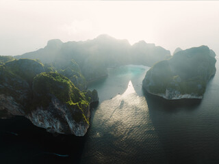 View from above, stunning aerial view of Ko Phi Phi Lee, a ring of steep limestone hills...