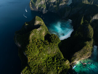 View from above, stunning aerial view of Ko Phi Phi Lee, a ring of steep limestone hills surrounding Maya Bay. Andaman Sea, Krabi, Thailand.