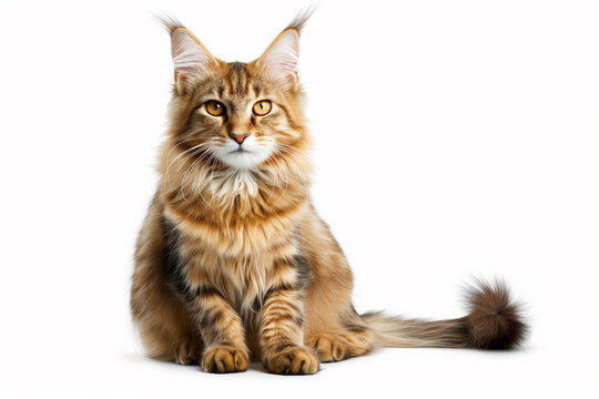 A beautiful, adorable, cute Maine Coon cat sits on the floor curiously looking at the camera against a white background.
