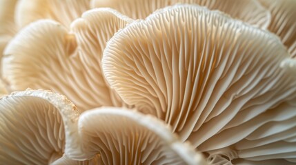 Close-up View of Oyster Mushrooms Texture, Exquisite Detail of Organic Growth in Natural Light - obrazy, fototapety, plakaty