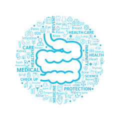 Medical icons and organs are arranged the shape of small intestine. On white background. Health care concept. Vector EPS10.