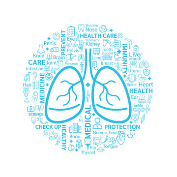 Medical icons and organs are arranged the shape of lung. On white background. Health care concept. Vector EPS10.