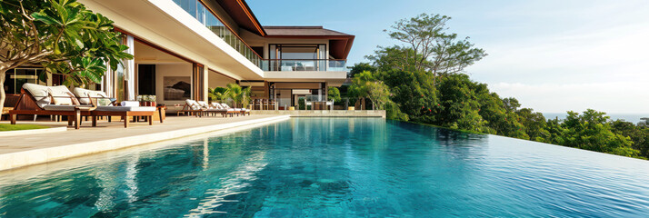 Banner with luxury villa with large swimming pool