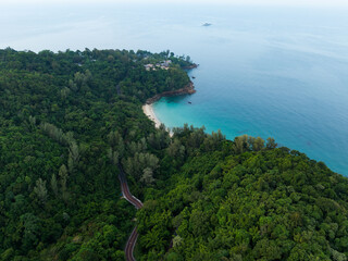 View from above, stunning aerial view of Banana beach, a beautiful white sand beach surrounded by...