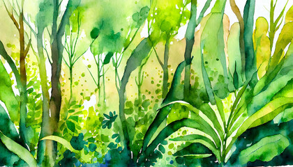 Watercolor Art Painting: Abstract Lushness in Undergrowth Gracefully at Noon