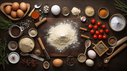 Fototapeta na wymiar Baking ingredients and kitchen utensils on a wooden background.