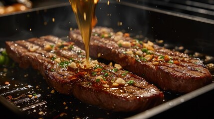 Seasonings in the form of small particles are poured into the steak in the pan. Generative AI.