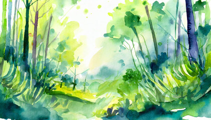 Watercolor Art Painting: Abstract Lushness in Undergrowth Gracefully at Noon