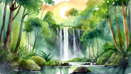 Watercolor Art Painting: Abstract Rainforest Waterfall Mysteriously at Dawn