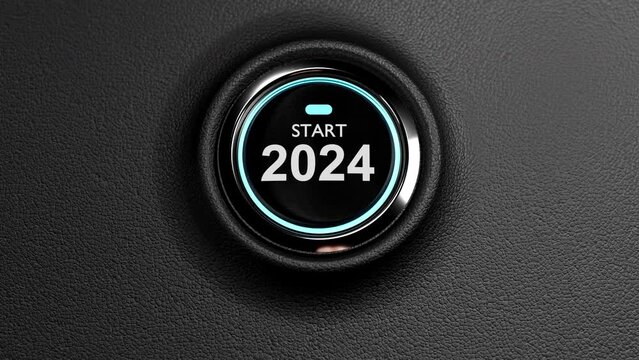 Finger about to press a car ignition button with the text 2024 start.happy new year 2024 start new project.concept of start with strategy,win,plan,goal and objective target

