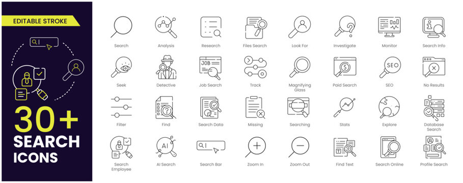 Search stroke line icon set. Containing magnifying glass, find, research, SEO and investigate icons. Stroke outline icon collection. Editable stroke.