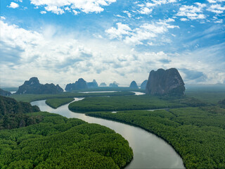 View from above, stunning aerial view of Ao Phang Nga (Phang Nga Bay) National Park featuring a...