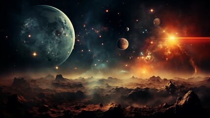 Fototapeta na wymiar Surreal Space Landscape with Moons, Stars, and Cosmic Dust