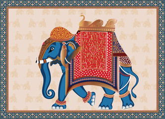 Mughal Traditional decorative Elephant caravan vector illustration frame pattern