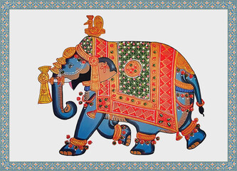 Traditional Mughal Elephant caravan vector illustration frame pattern for wallpaper