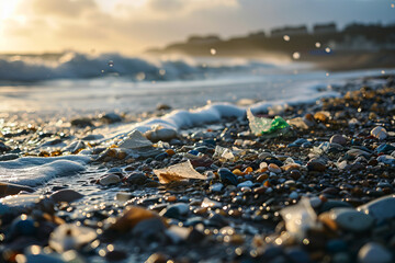 Plastic bottles and waste washed up on a beach. Micro plastic sea pollution.