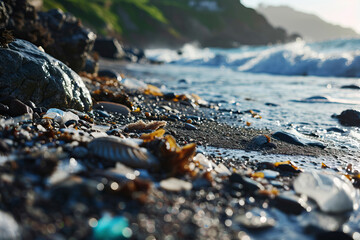 Fototapeta premium Plastic bottles and waste washed up on a beach. Micro plastic sea pollution.
