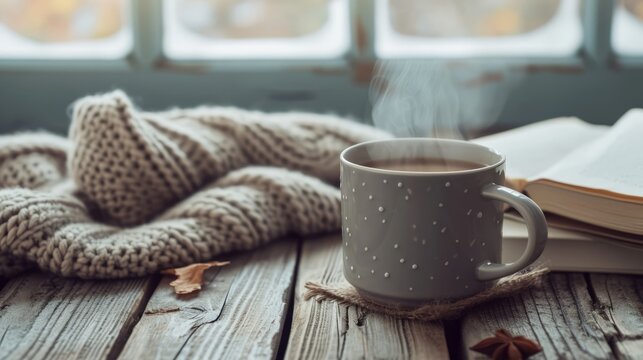 Cozy Autumn Retreat: Steaming Cup of Teaon Wooden Table with Comforting Knitted Throw, Relaxing Home Atmosphere, Warm Beverage for Chilly Days, Seasonal Comfort