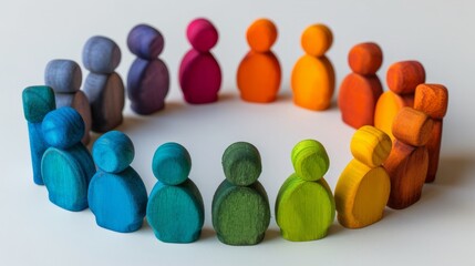Colorful Assembly: Painted Wooden Figures Gathering, Diversity Concept, Abstract Representation of Community and Teamwork
