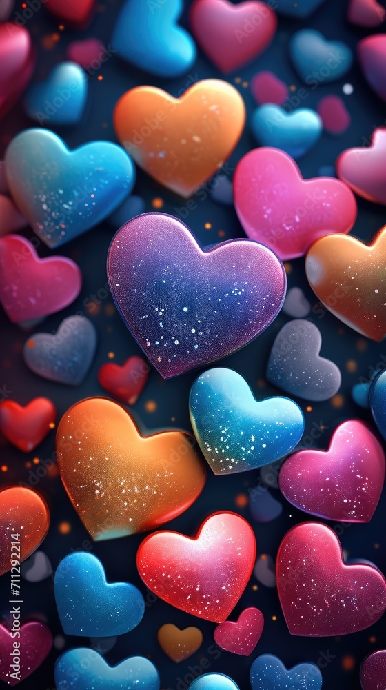 Poster festive background with colorful hearts. generative ai.