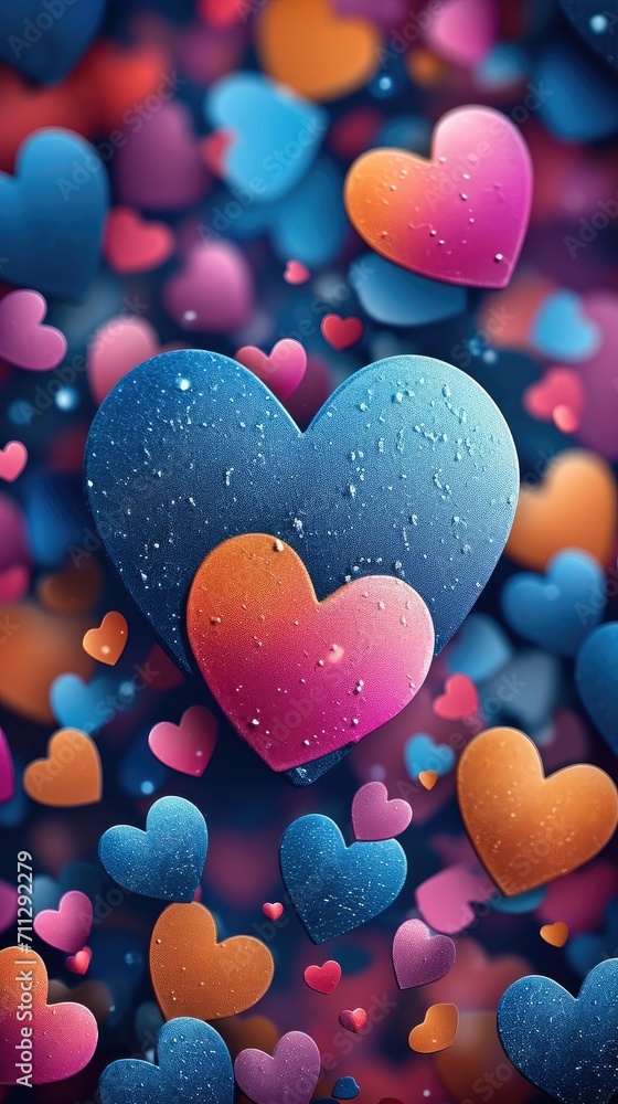 Poster festive background with colorful hearts. generative ai.