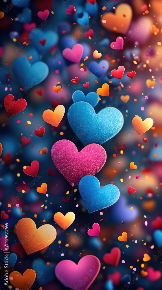 Poster festive background with colorful hearts. generative ai.