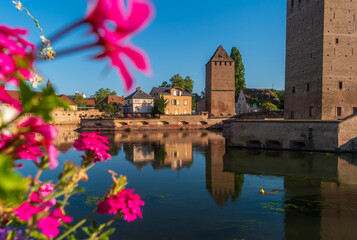 Strasbourg, France. View of Ponts Couverts de Strasbourg (Covered Bridges of Strasbourg) with bright flowers in the foreground. Medieval bridge over the river Ill.