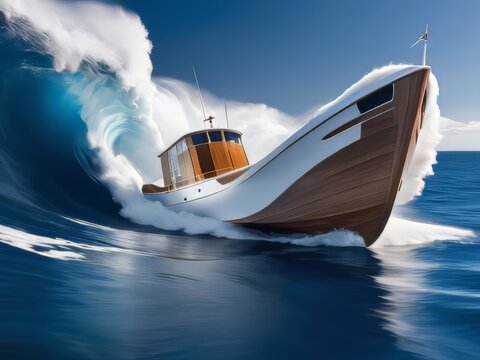 Un barco de madera elegante y moderno, que atraviesa el mar azul profundo con facilidad, dejando un rastro de estela blanca y espumosa
