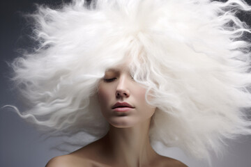 Beautiful woman with white fluffy white cloud-like hair and closed eyes in front of gray background