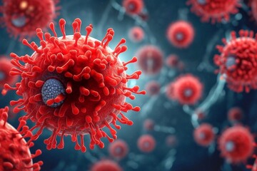 Red virus cells in laboratory. Red virus in blue background. Coronavirus concept