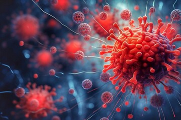 3d illustration of red virus in blue background. Viral infection concept - obrazy, fototapety, plakaty
