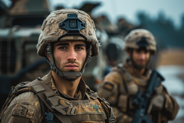 A soldier standing near military equipment. Generative AI.