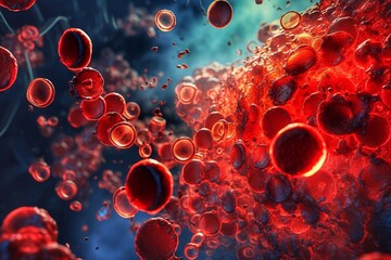 Red blood cells in vein. A blood vessel with blood cells flowing in one direction - obrazy, fototapety, plakaty