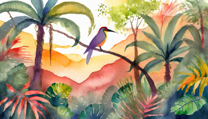 Fototapeta na wymiar Watercolor Art Painting: Tropical Canopy with Exotic Birds Subtly at Dusk